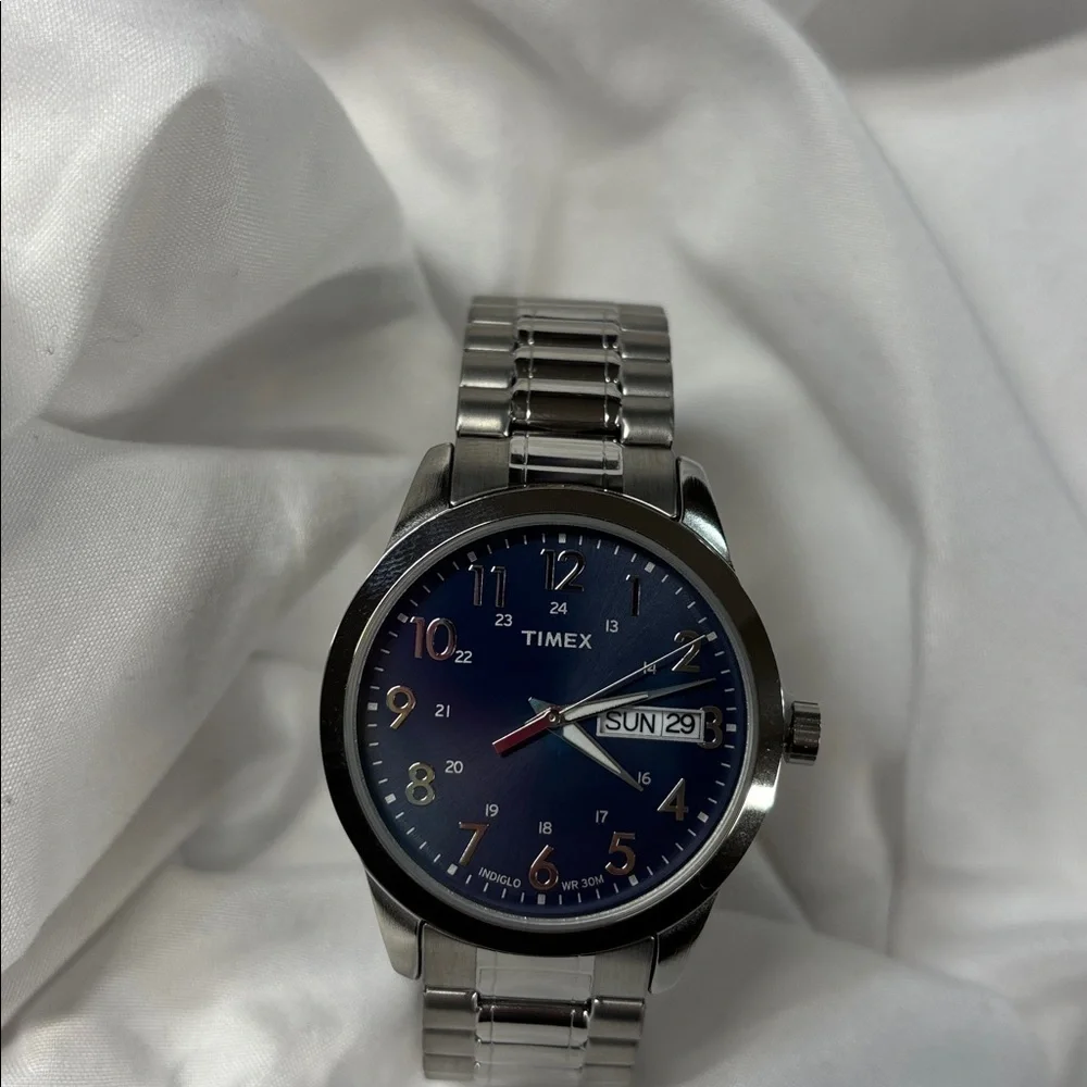 Timex INDIGLO Stainless Steel Expansion Band silver and blue watch